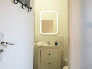 Hair dryer, towels, soap, toilet paper