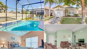 A swimming pool with a covered area, a single-story house with a garage, a bedroom with a bed and nightstands, and a living room with a couch and a TV. - Southern Exposure Private Pool! 3 Bedroom Home by RedAwning (Haines City)