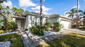 A residential house with a front yard, a driveway, and a palm tree.