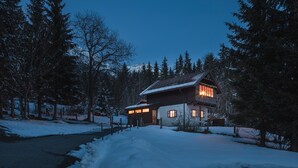 A wooden cabin with a snow-covered driveway, surrounded by tall trees. - Stoantaler Höfl (Innsbruck)