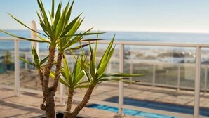 Una planta en maceta con hojas verdes en un balcón con vista al mar.