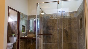 A modern bathroom with a glass-enclosed shower, a toilet, and a sink with a decorative mirror. - Hotel Maculís (Campeche)