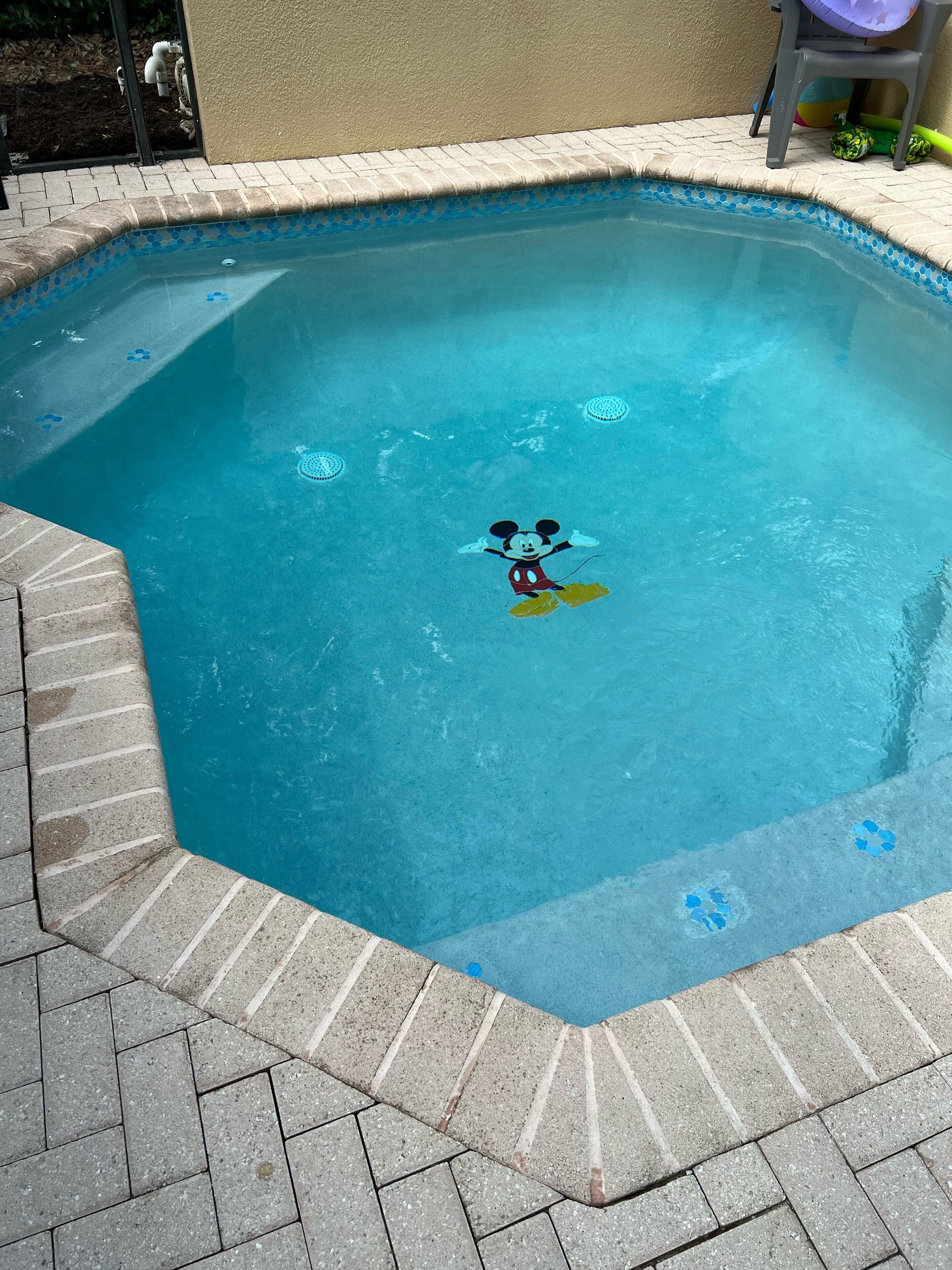 Una piscina amb un adhesiu de Mickey Mouse, envoltada per un terra solcat.