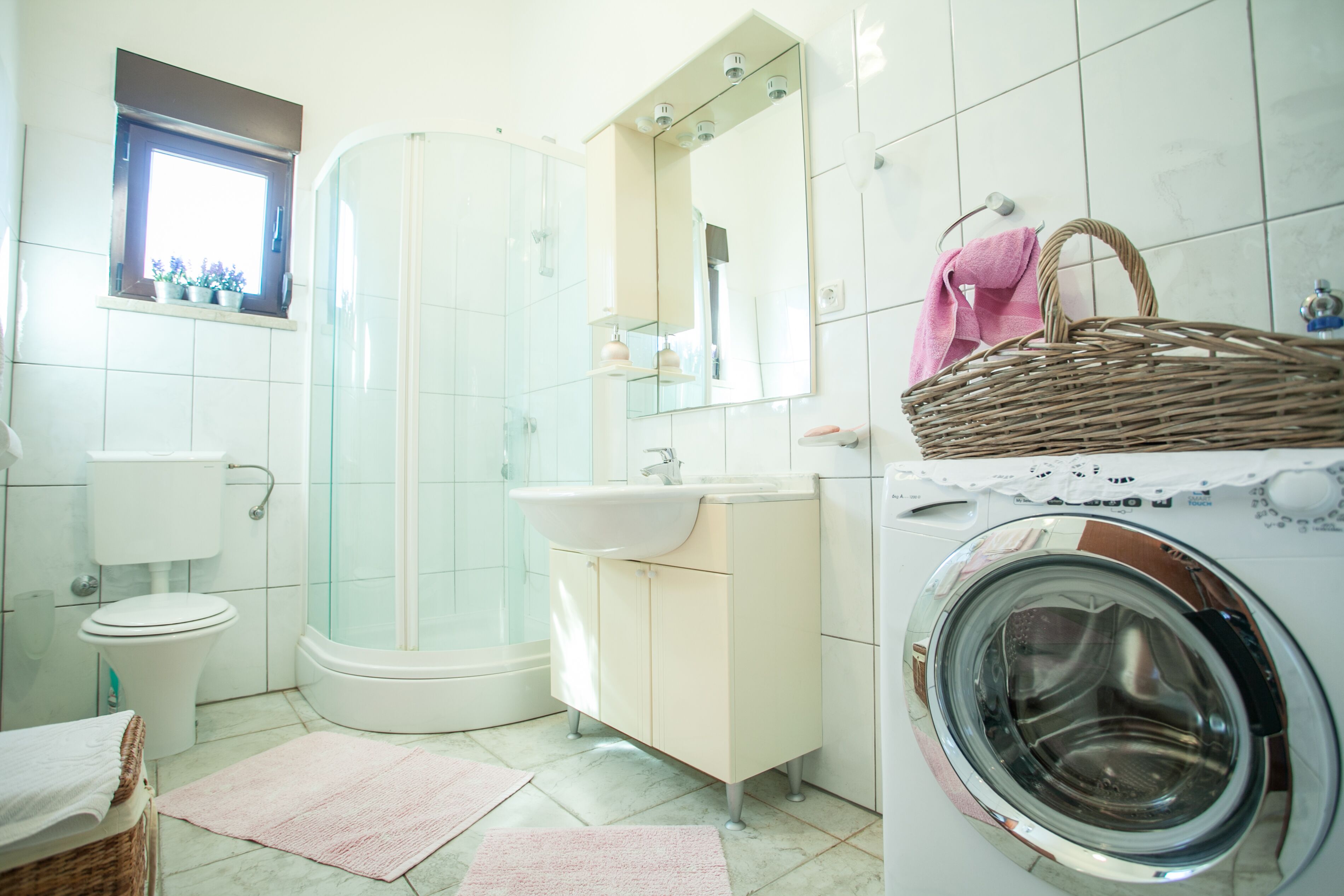 Une salle de bain équipée de toilettes, d’un lavabo, d’une douche et d’un lave-linge.