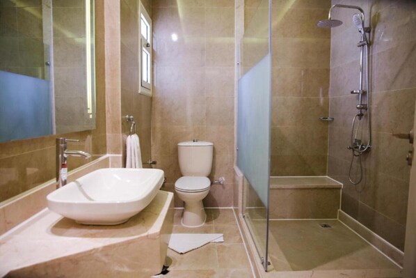 Un baño con lavamanos grande, inodoro y ducha.