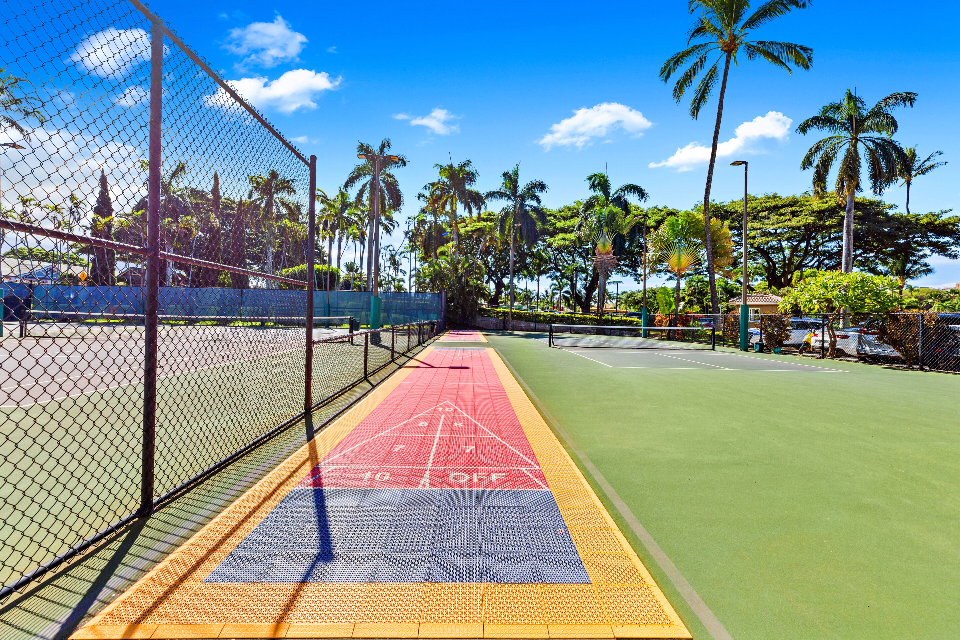 A tennis court with a net, surrounded by a fence, and palm trees in the background.