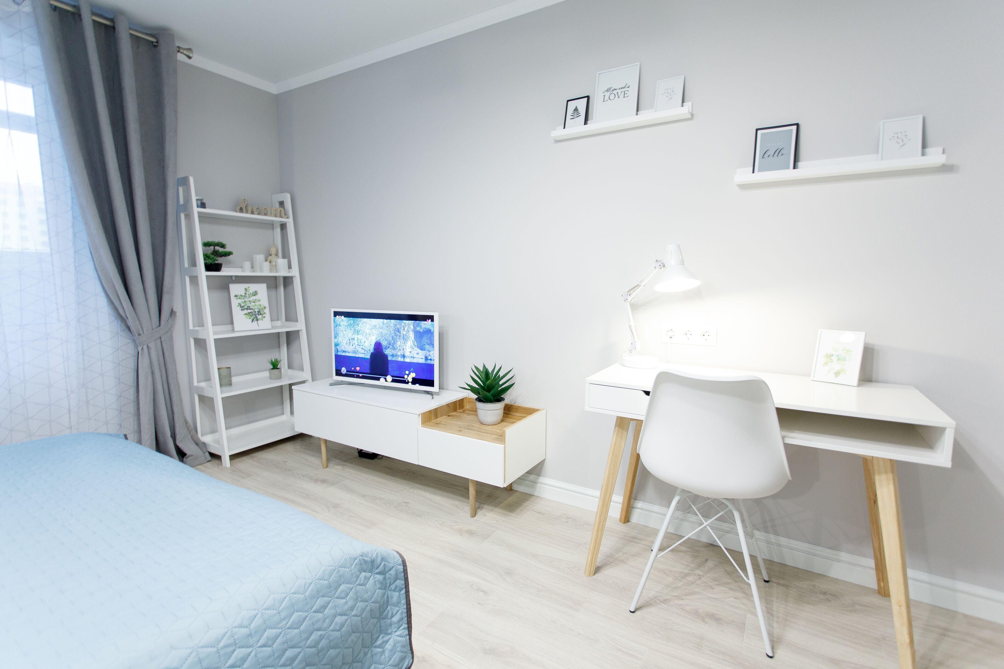A modern bedroom with a bed, a desk, a chair, a TV, shelves, and a plant.