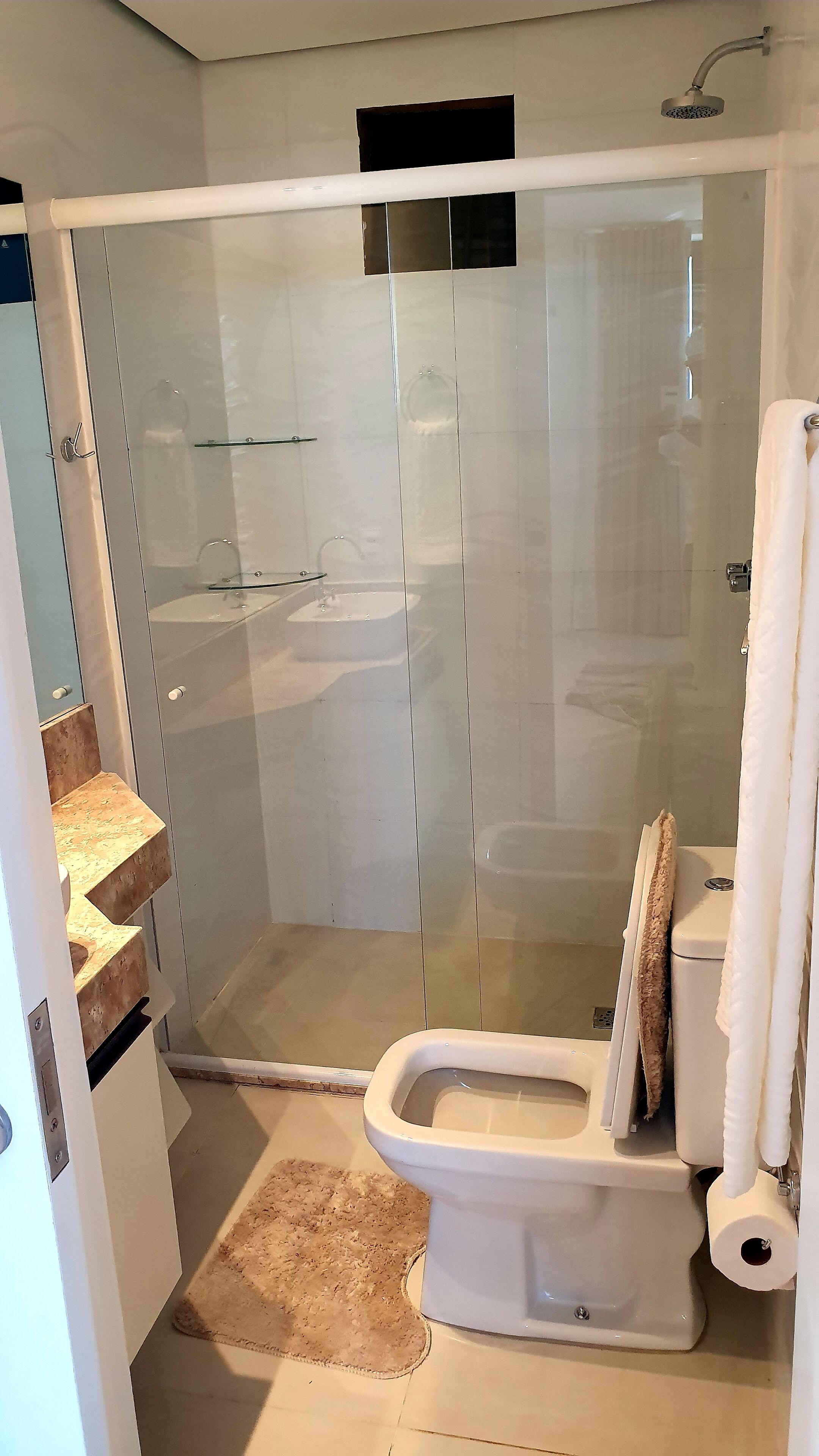 premium apartment | bathroom | shower, rainfall showerhead, towels, soap