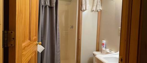 Un baño con ducha, inodoro y lavabo.