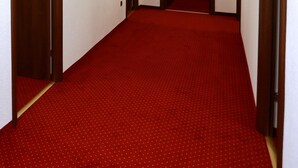 A narrow hallway with a red carpet leading to a room with a bed and a window with curtains.