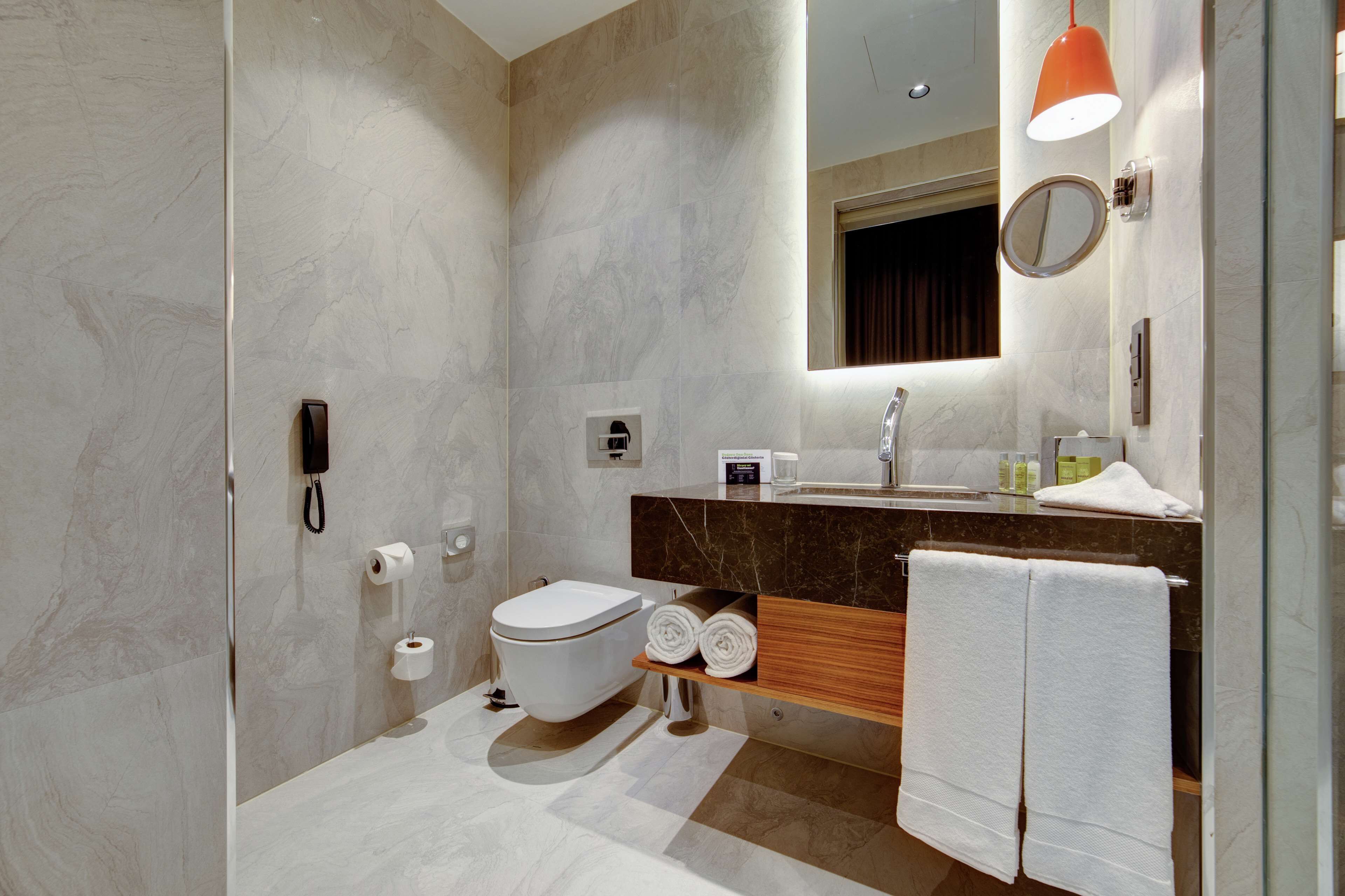 Une salle de bain moderne avec des toilettes, un lavabo et un miroir. On y trouve un téléphone fixé au mur, un porte-serviettes et un espace douche.