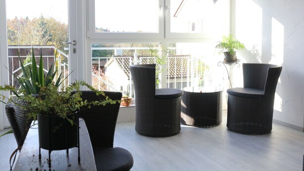 A balcony with wicker chairs and potted plants, overlooking a fenced yard. - D´r Rechenmacher Pension und Landgasthof (Michelfeld)