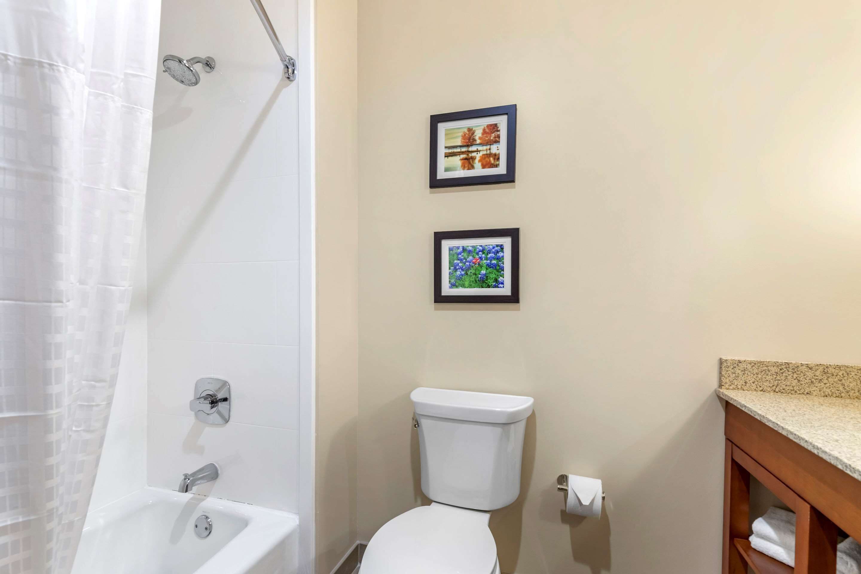 A bathroom with a white bathtub, a toilet, and two framed pictures on the wall.