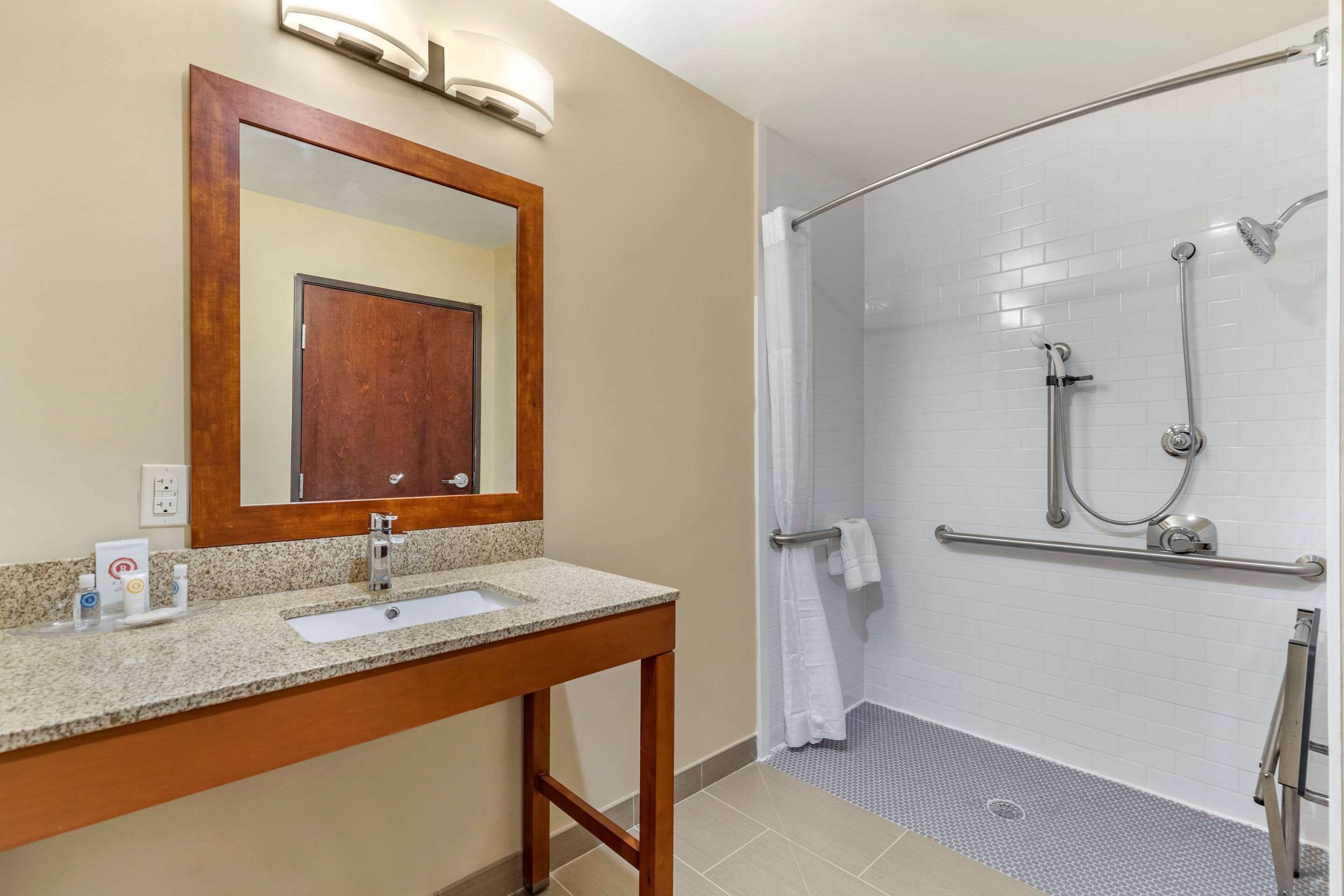 suite, 1 king bed, accessible, non smoking | bathroom | free toiletries, hair dryer, towels