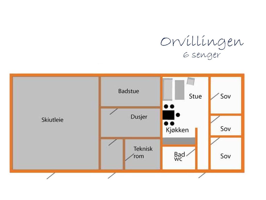 Een plattegrond van een huis met zes slaapkamers, met aangeduide ruimtes zoals een keuken, eetkamer, slaapkamers en een badkamer.