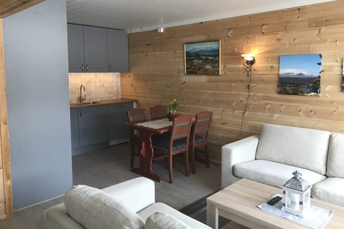 A cozy living room with a sofa and a coffee table, a dining area with a table and chairs, and a kitchen with cabinets and a sink.