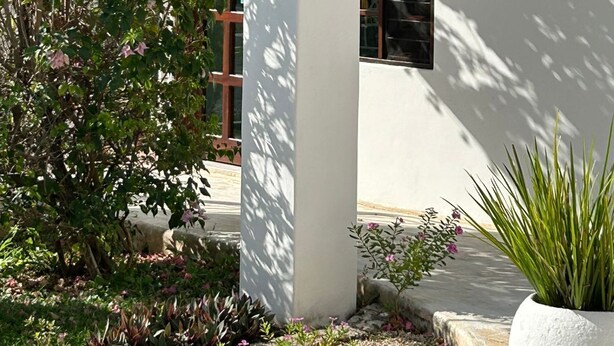 A white building with a wooden pergola covered in pink flowers. - Maria-Maria Hotel (Bacalar)
