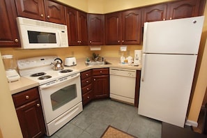 Fridge, microwave, dishwasher, coffee/tea maker