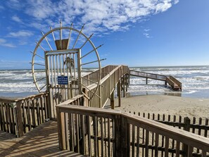 On the beach, sun loungers