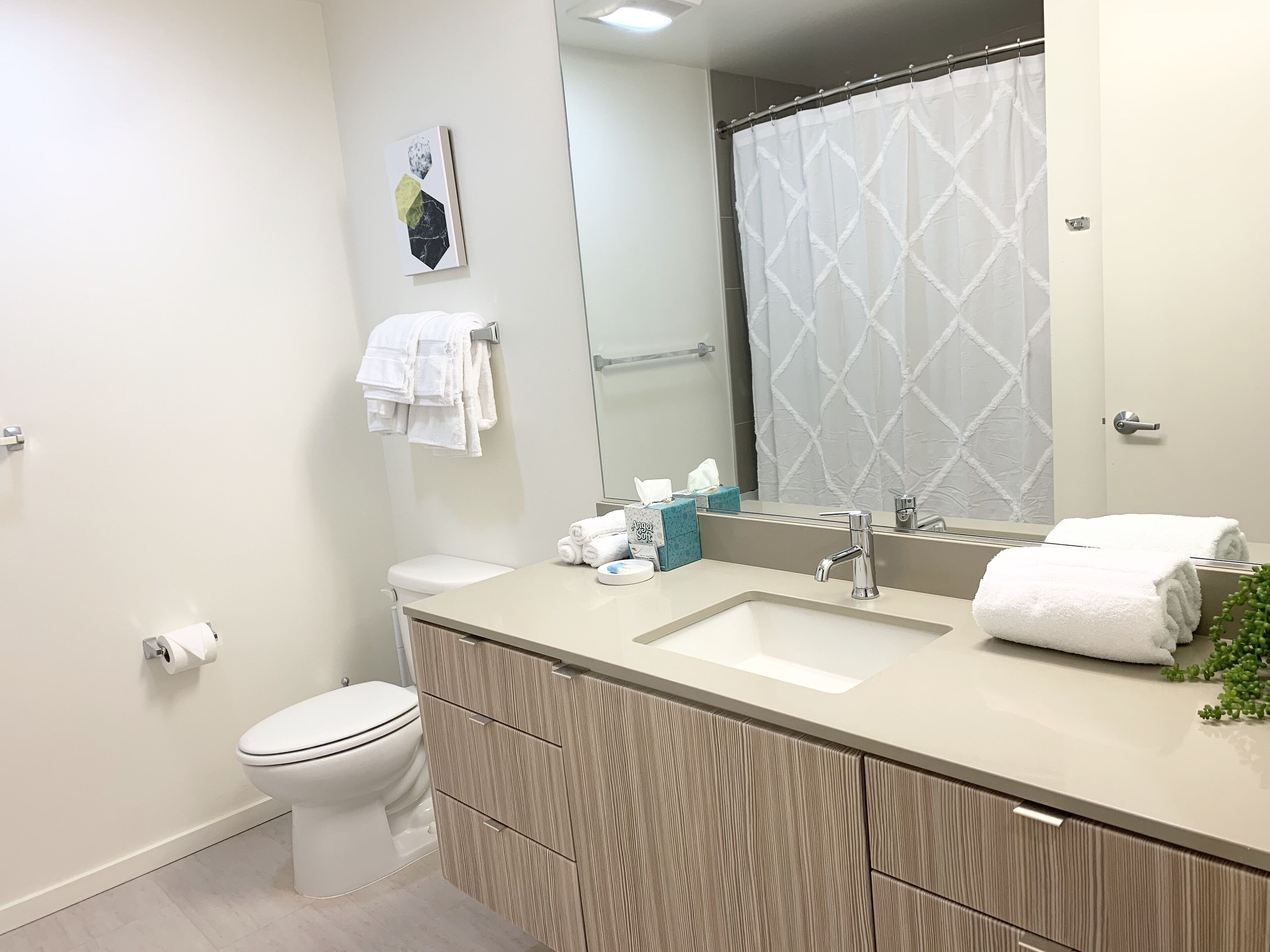 Une salle de bain moderne avec des toilettes, un lavabo et un miroir.