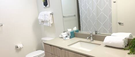 Une salle de bain moderne avec des toilettes, un lavabo et un miroir.