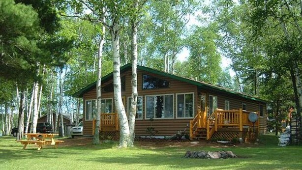 Une cabane dotée d’une véranda, de grandes fenêtres et d’une table de pique-nique, située dans un espace boisé.