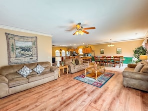 Smart TV, fireplace, DVD player, foosball