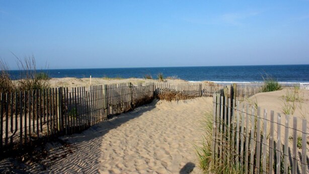 A sandy beach path with a wooden fence, leading to the ocean. - 4 br townhouse ocean front, at 47th St, has outdoor pool! Lovely, with multiple oceanfront decks. (Ocean City)