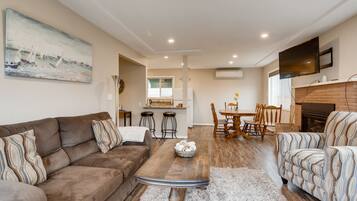 Smart TV, fireplace, books