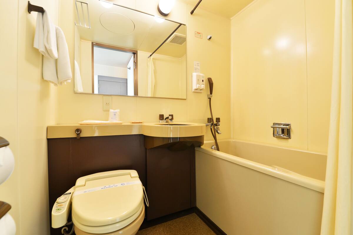 combined shower/bathtub, free toiletries, hair dryer, slippers