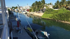 A marina with boats docked, a clear sky, and a view of residential buildings and palm trees. - Beautiful Ocean view with 35' private seawall, 80' Heated Pool, Hottub (Cudjoe Key)