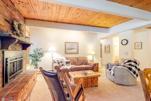 TV, fireplace, DVD player, video library