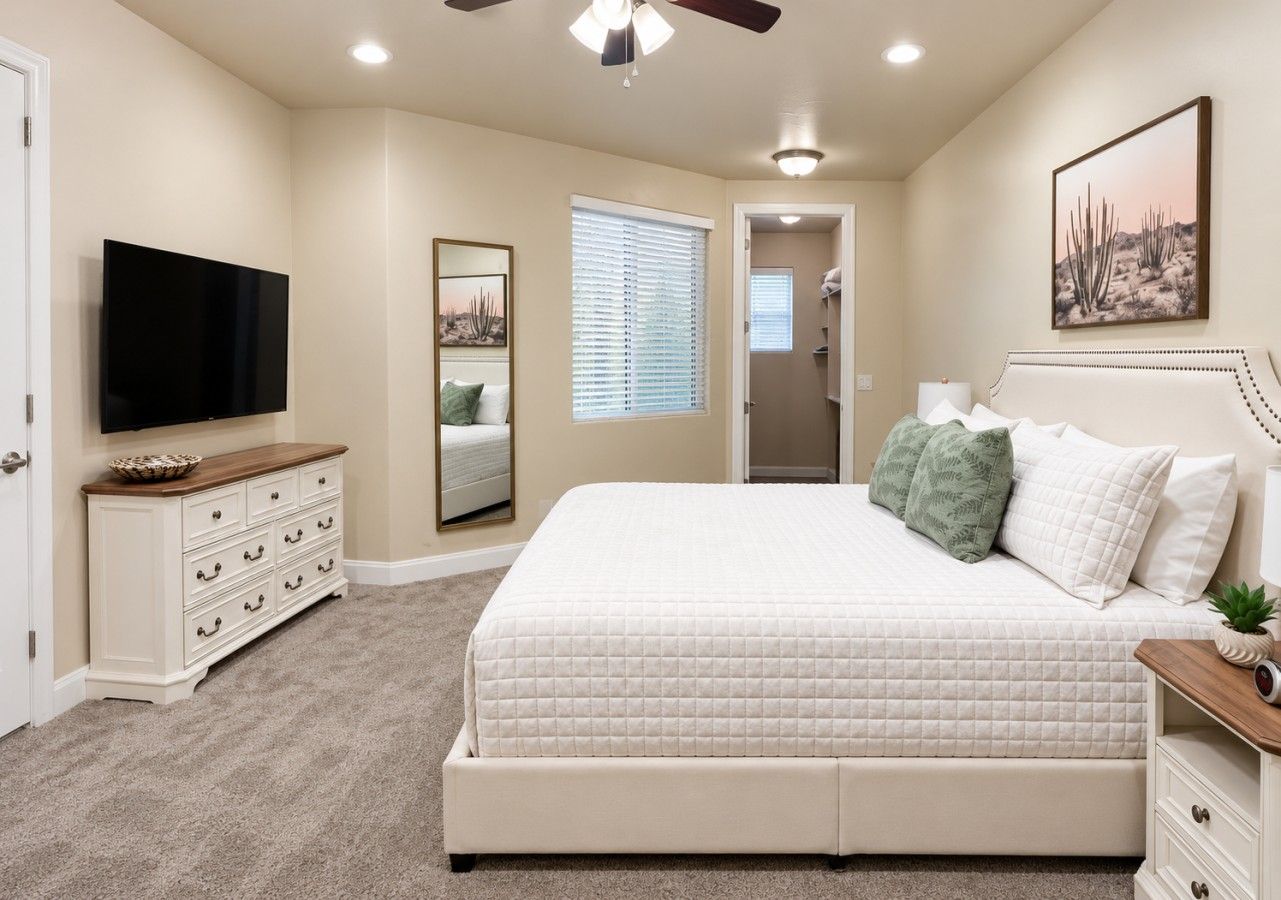 A bedroom with a bed, dresser, TV, and artwork.
