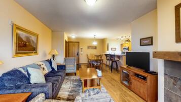 TV, fireplace, DVD player, video library