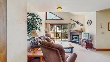 Een televisie, een open haard en een dvd-speler