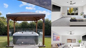 A modern outdoor hot tub under a wooden pergola, a bedroom with a bed and a TV, and a living room with a sofa and a painting. - Island Luxe Retreat Cowes. Modern Holiday House, Powerful outdoor spa/jaquzzi. (Cowes)