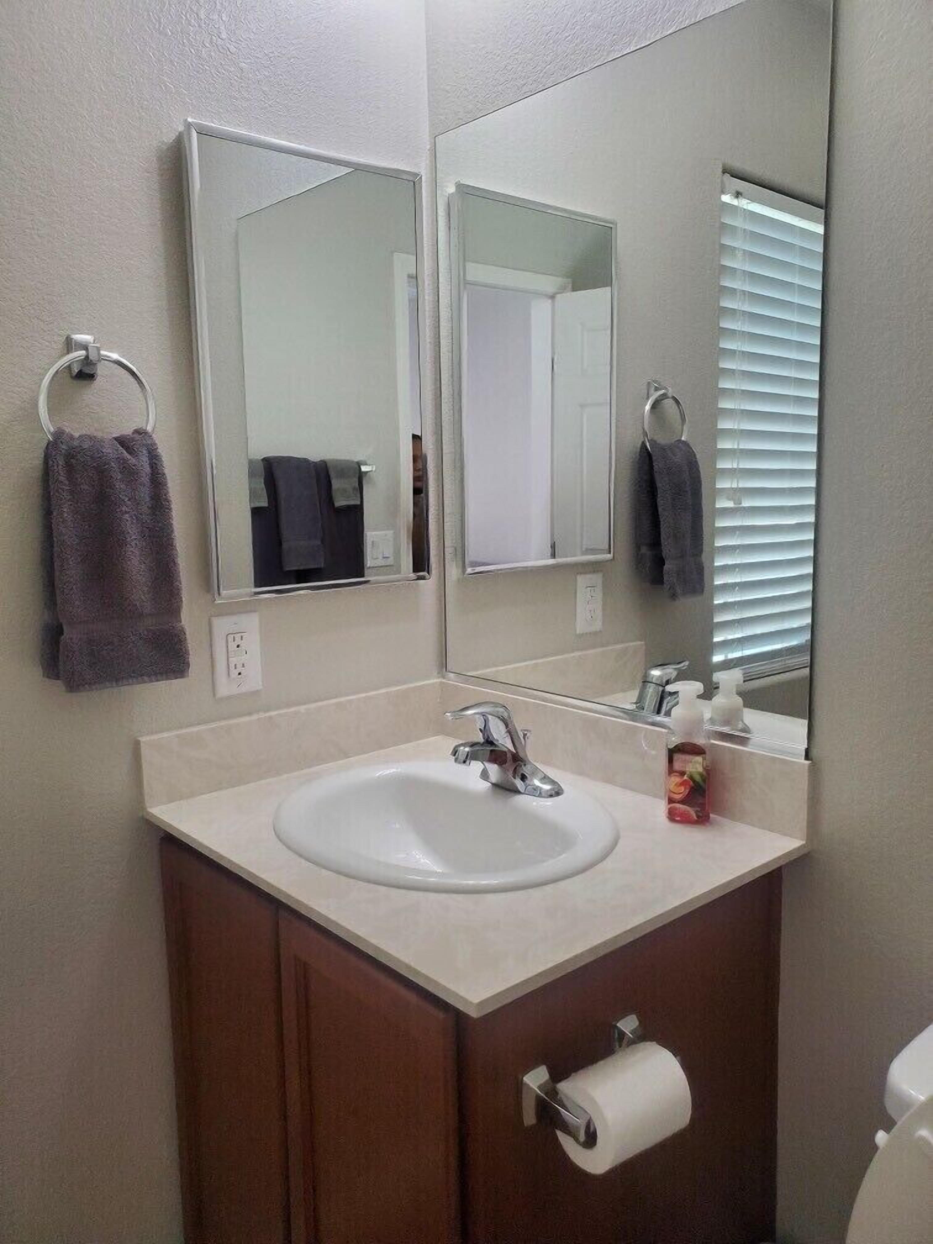 Hair dryer, towels, soap, shampoo