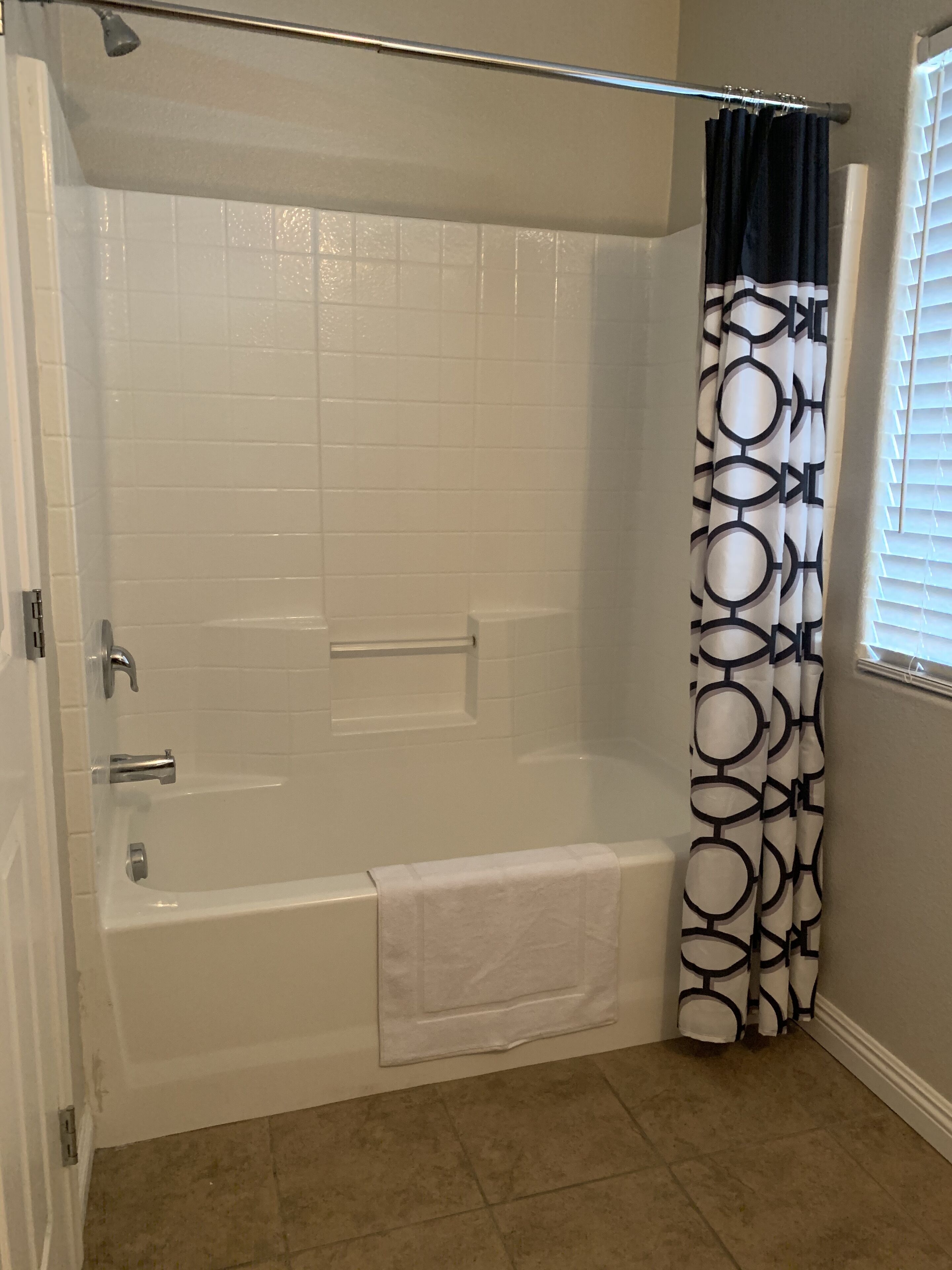 Hair dryer, towels, soap, shampoo