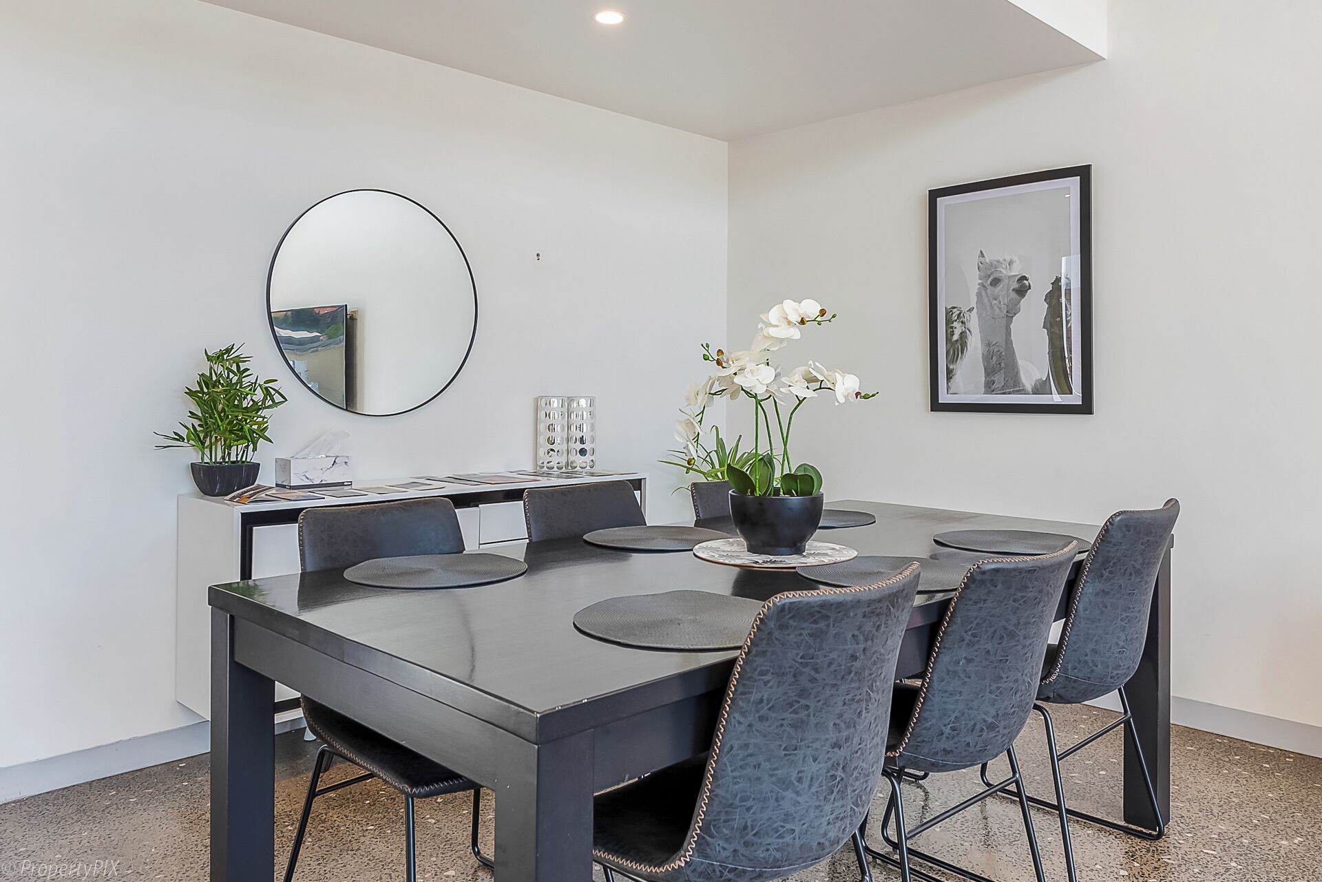Een moderne eetruimte met een donker houten tafel, zes stoelen, een ronde spiegel, een potplant en een lijst met een foto aan de muur.