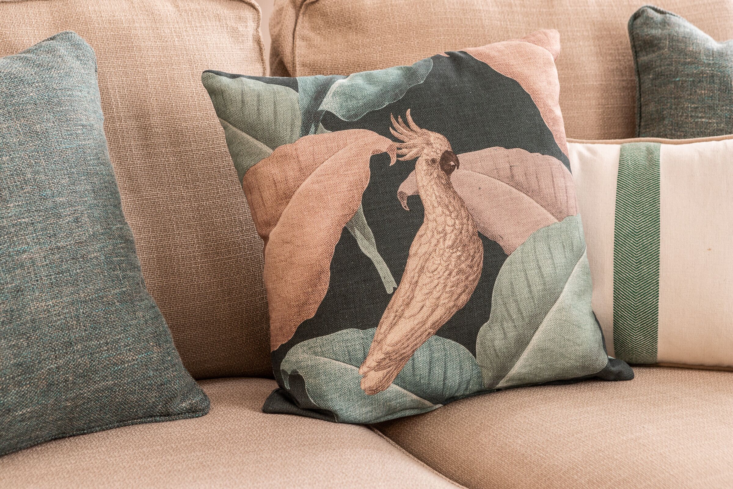 A sofa with multiple cushions, one featuring a bird design.