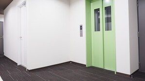 Un corridoio con un ascensore verde, pareti bianche e pavimento rivestito di moquette.