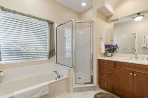 Combined shower/tub, hair dryer, towels