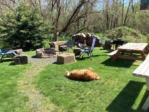 A backyard with a fire pit, outdoor furniture, and a dog lying on the grass.