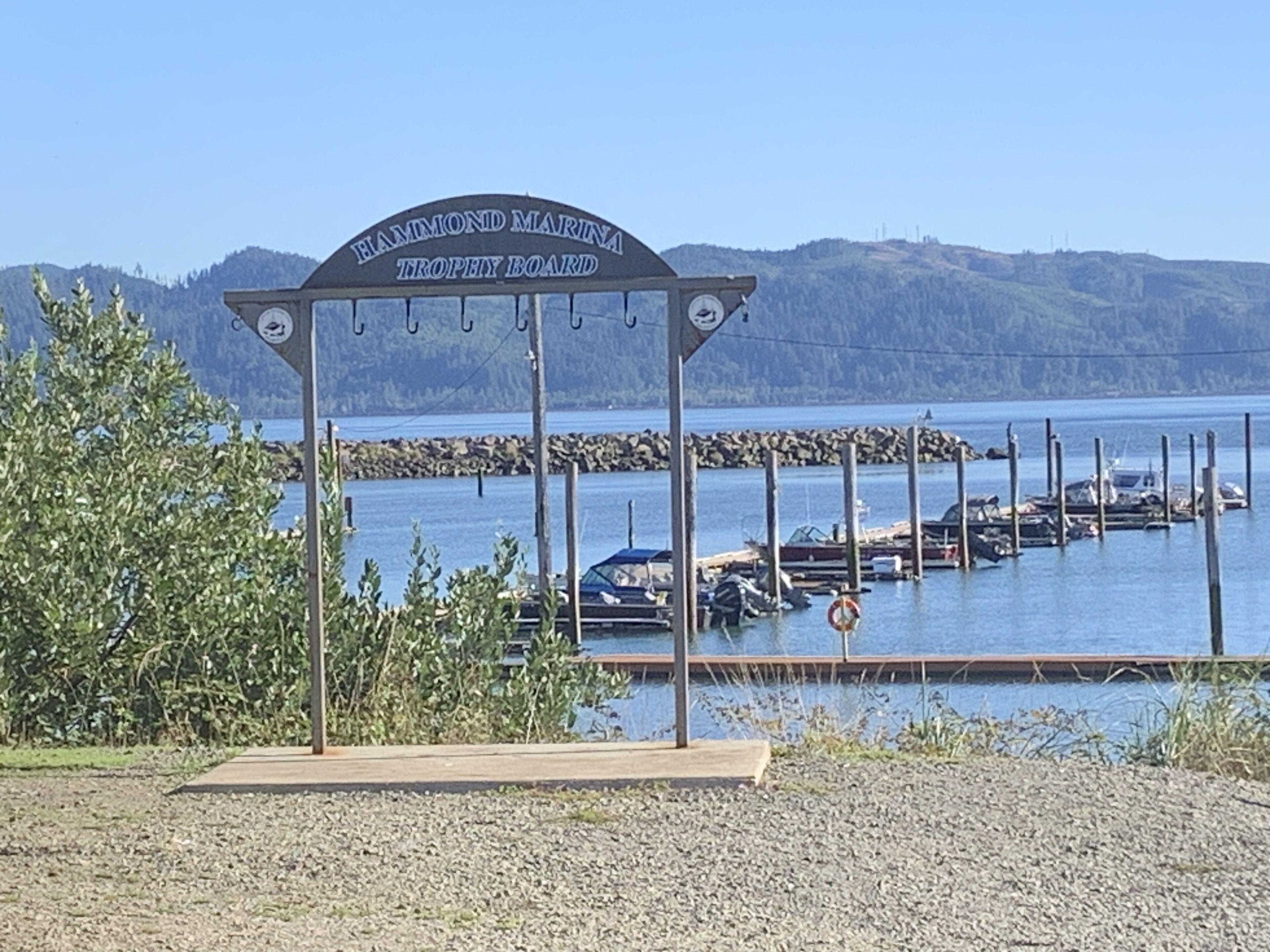A sign for the Hammond Marina Trophy Board with a view of boats docked at a marina and hills in the background.
