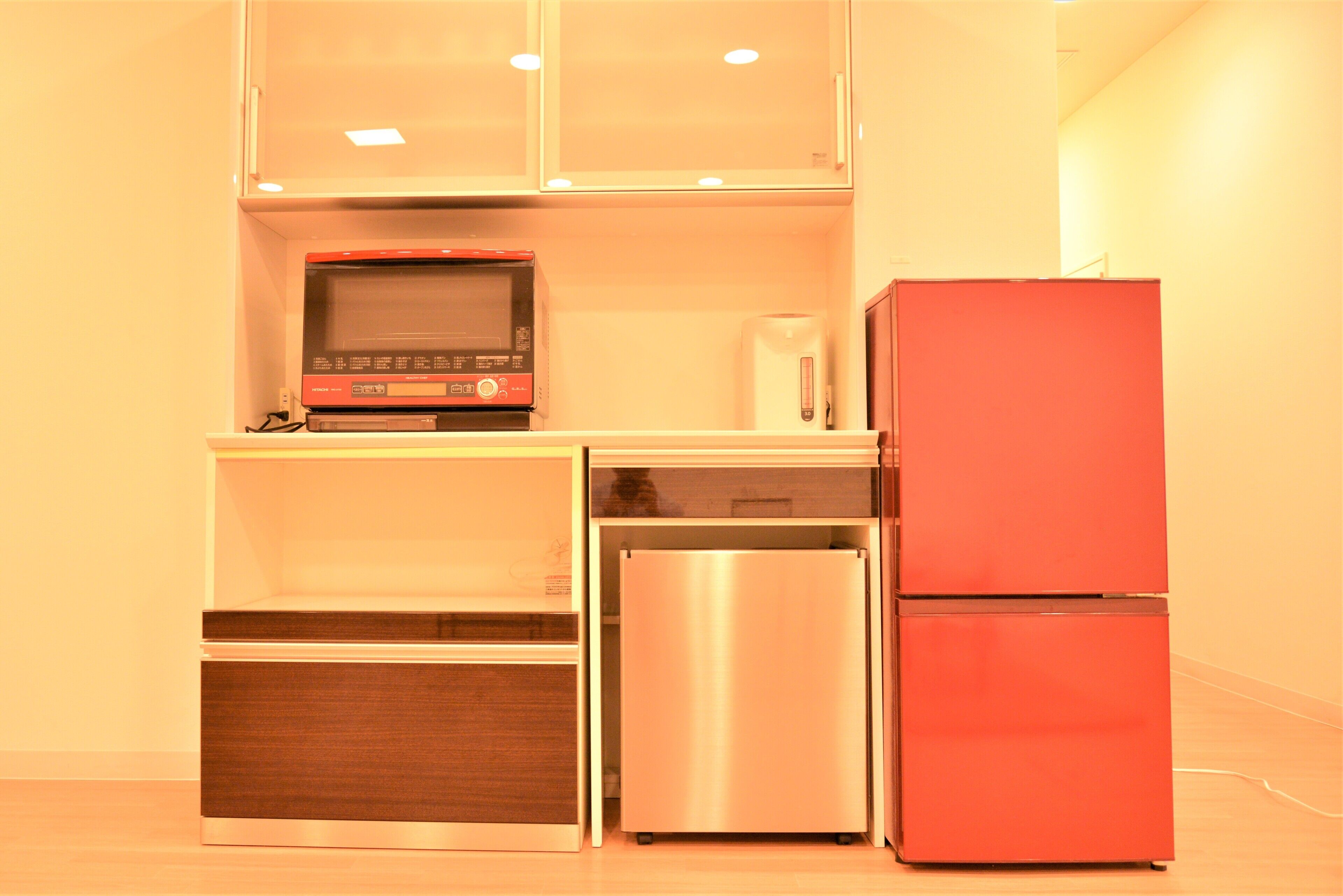 Mini-fridge, microwave, cookware/dishes/utensils