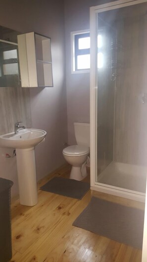 A bathroom with a sink, toilet, and a glass-enclosed shower. - Casa do Mozambique A and B (Ponta d'Ouro)