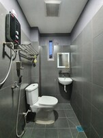 Shower, hair dryer, slippers, towels
