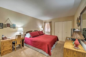 2 bedrooms, desk, laptop workspace, iron/ironing board