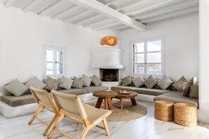 Télévision à écran plat, cheminée, livres