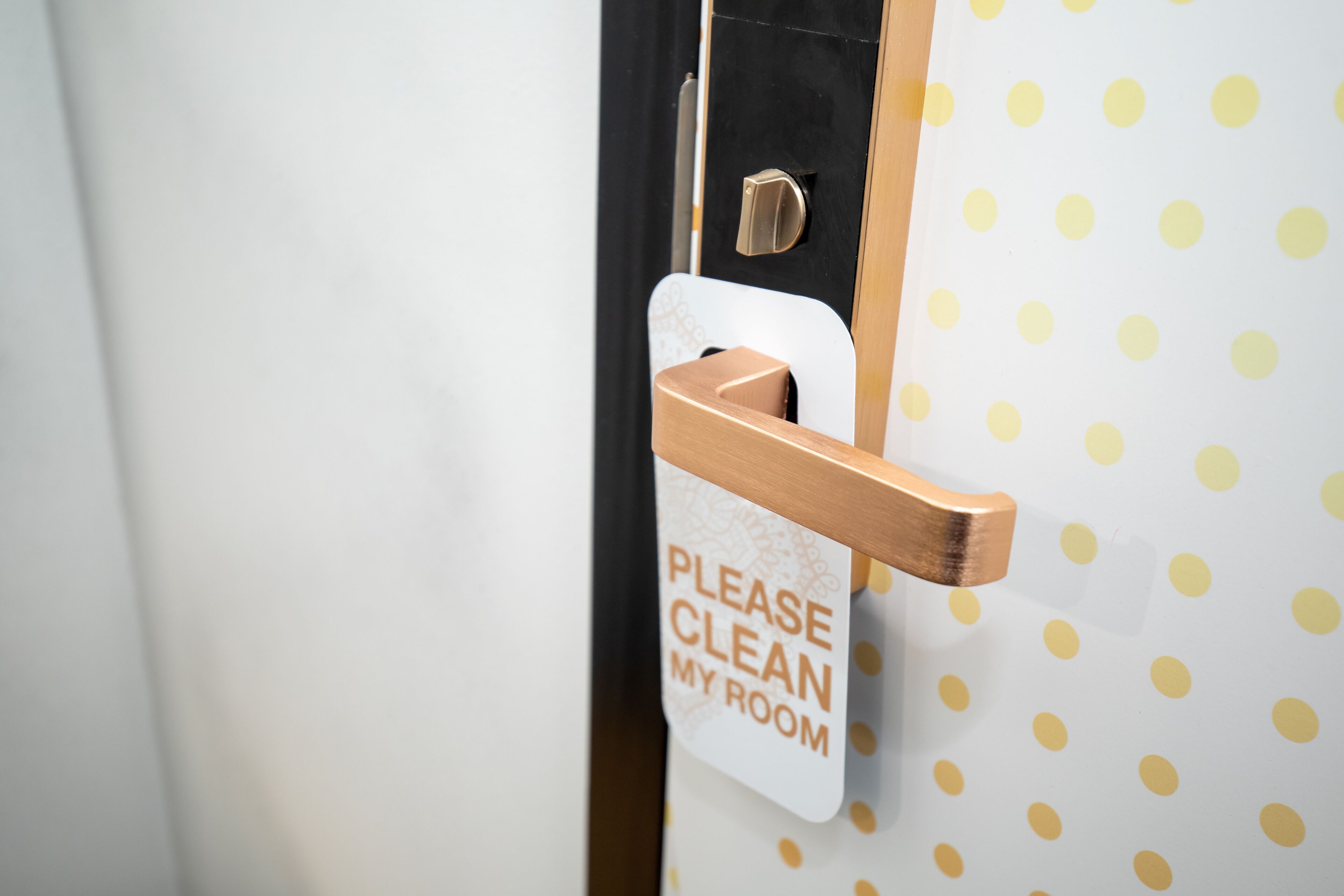A door with a sign that says "PLEASE CLEAN MY ROOM" and a handle.